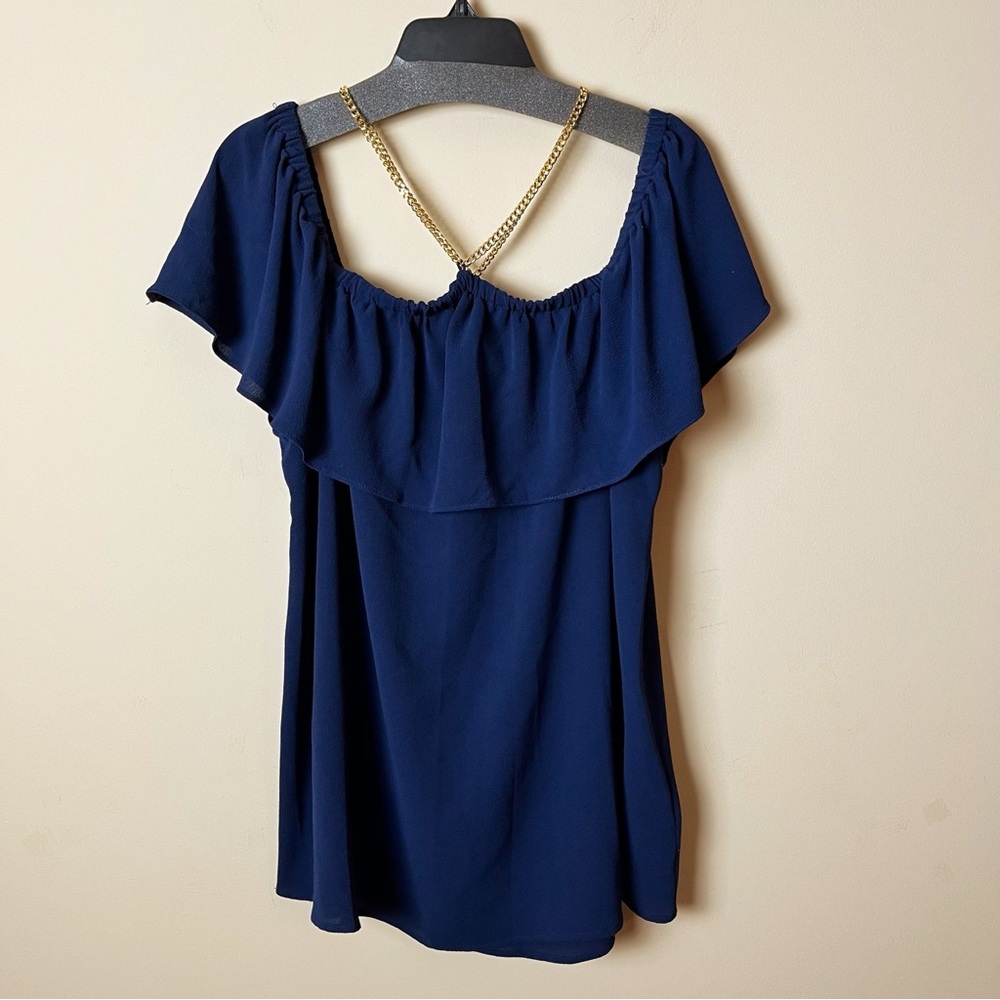 Michael Kors Navy Blue Ruffle Top with Gold Chain